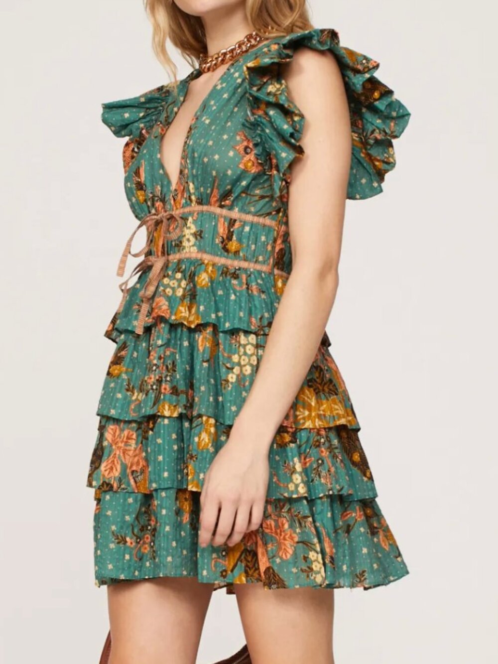 Ulla Johnson Marni Dress in Hummingbird green ruffle tiered mini dress 4
